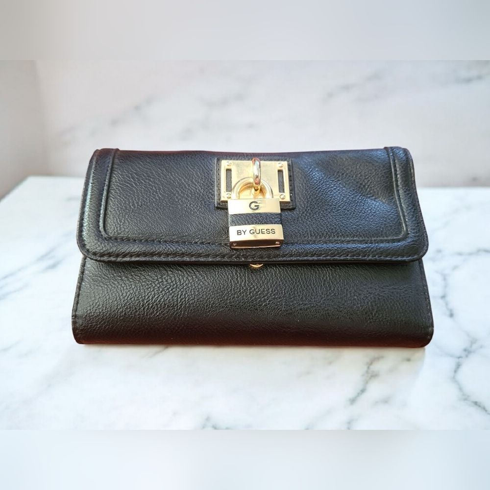 G by Guess Black And Gold Toned Padlock Lock Wallet - Multi Compartment